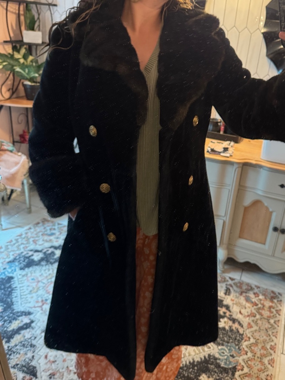 Vintage Benmor New York Black Faux Fur Coat | Double Breasted | Gold Buttons